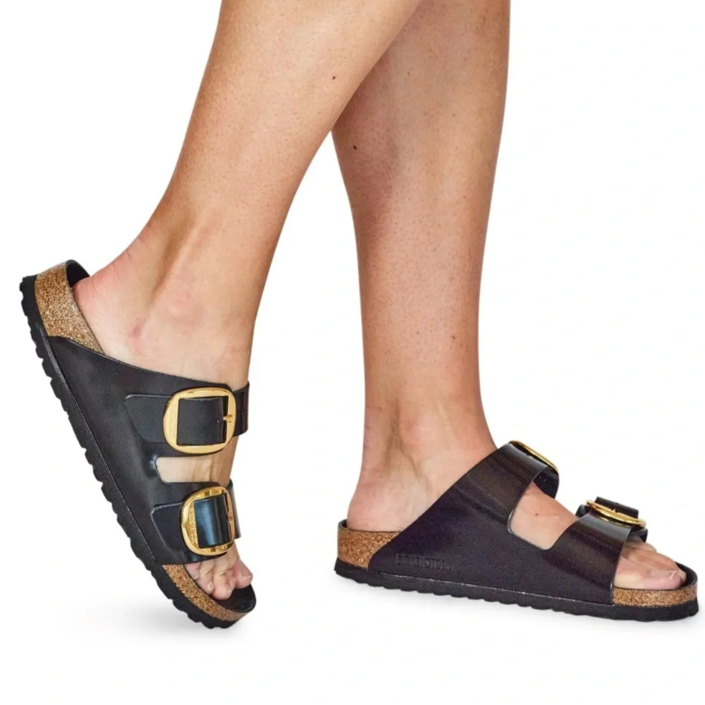 Birkenstock Women's Black Sandals with Gold Buckles - Picture 1 of 10
